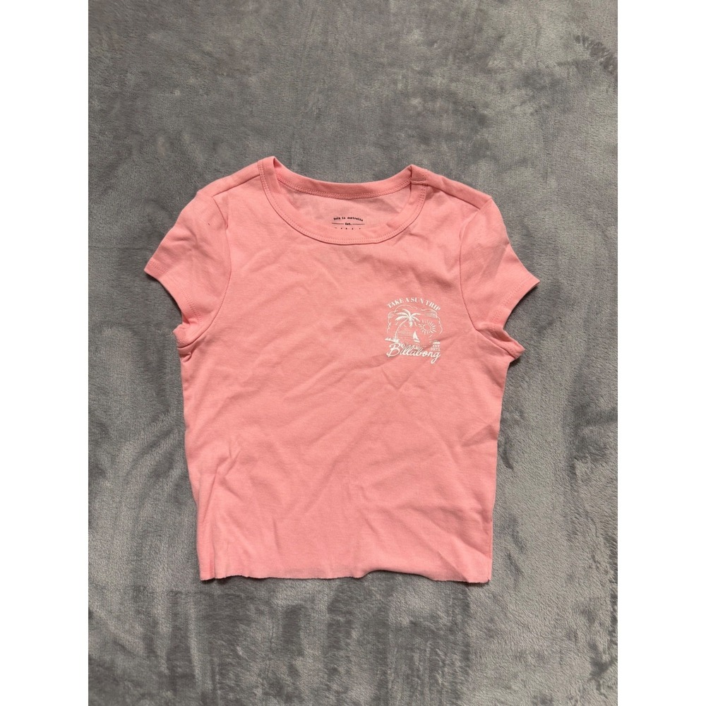 Billabong Graphic Baby Tee Womens XS Pink Take A Sun Trip Raw Hem Surf Top